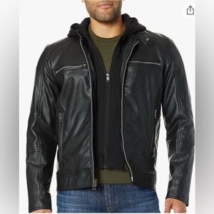 Guess Men's Black Faux Leather Hoodie Jacket Size XL